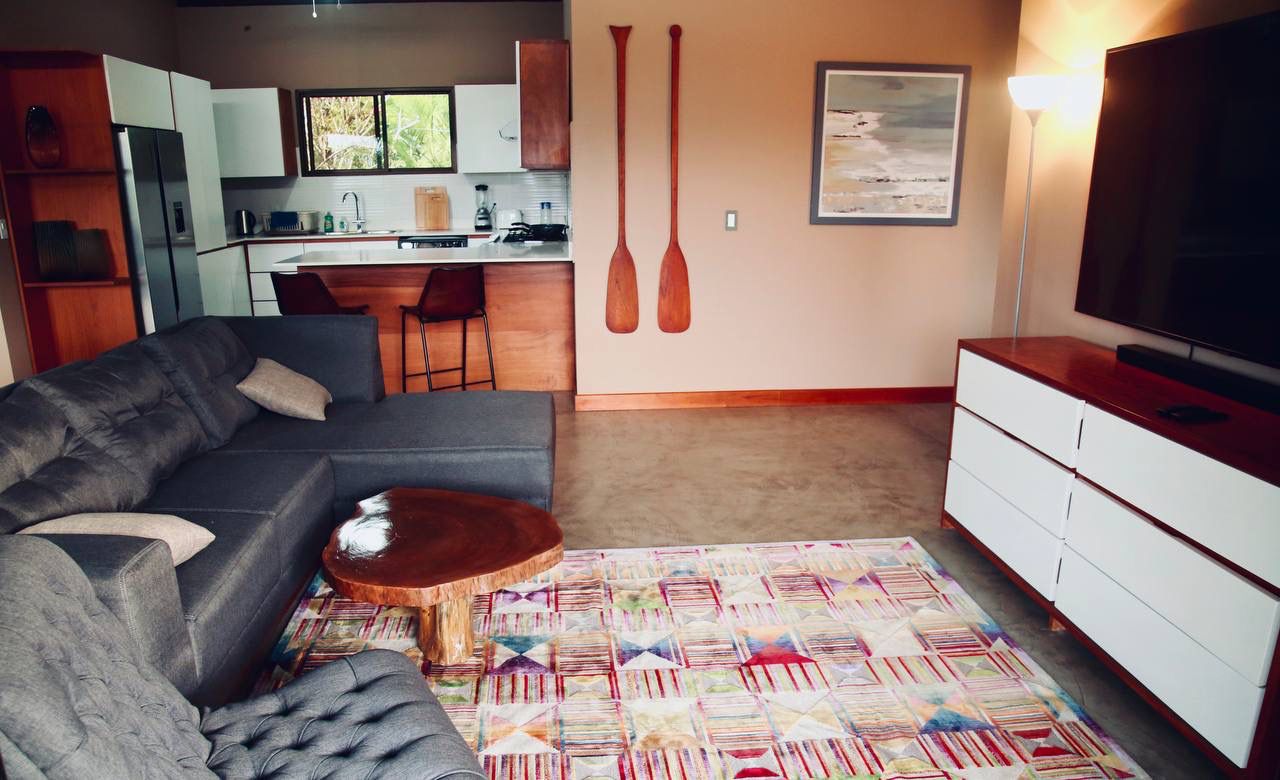 Open living area with kitchen, paddle decor, and TV